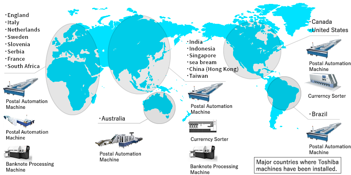 Delivers postal service machines, bank bill sorting machines and bank bill checking machines to Sweden, England, France, Italy, Spain, Morocco and South Africa. Delivers postal service machines to Australia. Delivers postal service machines, bank bill sorting machines and bank bill checking machines to South Korea, China, Thailand and Indonesia. Delivers postal service machines and bank bill sorting machines to Canada, America and Mexico.